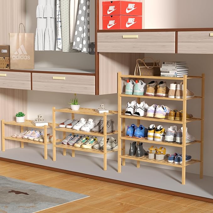 5 Tier Bamboo Shoe Rack for Closet Free Standing Wood Shoe Shelf for Entryway Small Space Stackable 27"x11"x33" (Natural)