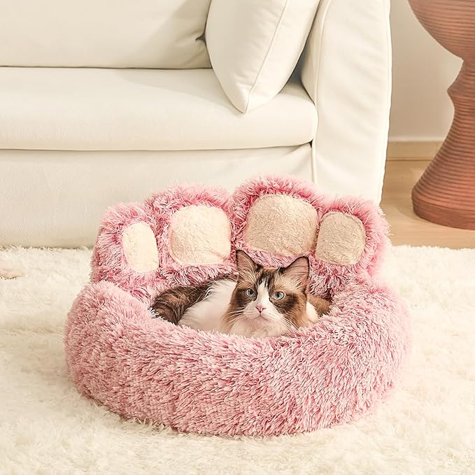 Jiupety Paw Shape Calming Pet Bed, Plush Faux Fur Donut Bed for Dogs & Cats, Machine Washable, Non-Slip Bottom, Medium (22"×22"×6"), Pink
