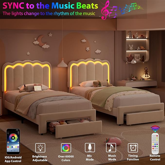 Twin Upholstered LED Bed Frame with Storage Drawer and Adjustable Chic Double Wavy Headboard, Velvet Princess Platform Bed for Kids/Girls, Solid Wood Slats Support, No Box Spring Needed, Beige