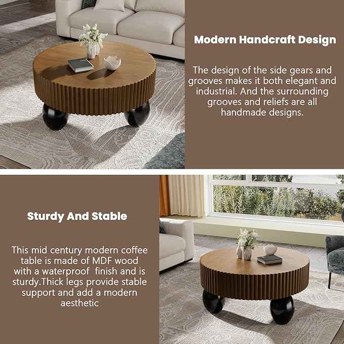 Round Fluted Coffee Table for Living Room, 31.5'' Farmhouse Luxury Round Coffee Tables with 3 Sturdy Leg Base, Natural Wood Grain Veneer Handcrafted Relief Tea Table for Apartment Small Space,Brown