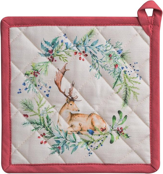 Maison d' Hermine Pot Holders 100% Cotton Heat Resistant Potholders 8" x 8" Hot Pads with Loop for Thanksgiving Christmas Decorations BBQ Cooking Baking Handling Hot Pans (Pack of 1, Holly Time)