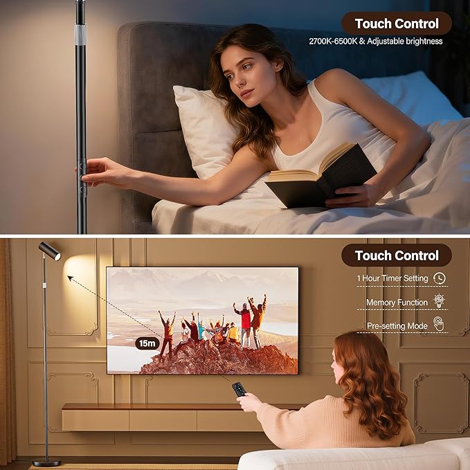 Adjustable Floor Lamp, SIBRILLE Modern Stepless Dimmable Torchiere Tall Lamp with Remote Control, 350°Rotating Head Standing Lamp, Reading Floor Lamp for Living Room, Bedroom, Office & Wall Art, Black