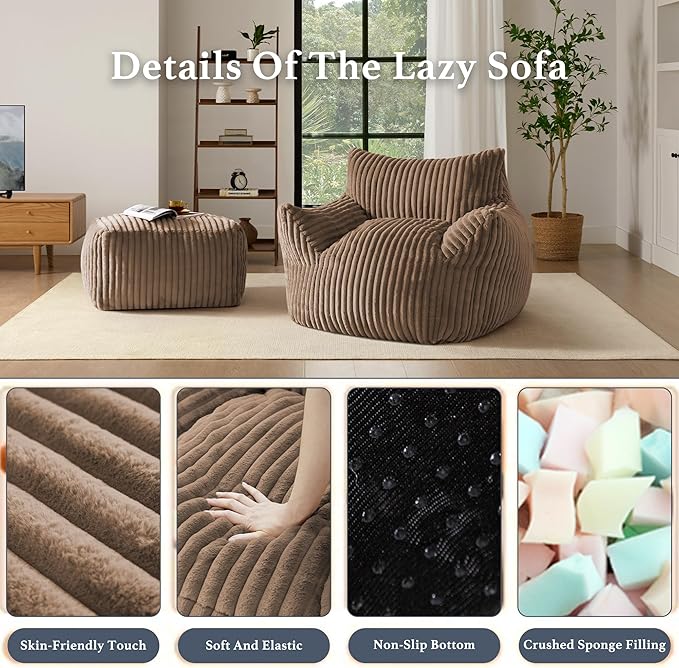 Oversized Bean Bag Chaise Lounge Chair Indoor for Adults with Armrests & Ottoman - Giant Comfy Khaki Beanbag Floor Sofa Cloud Accent Chair for Reading, Gaming, Cozy Plush Cloud Mini Couch