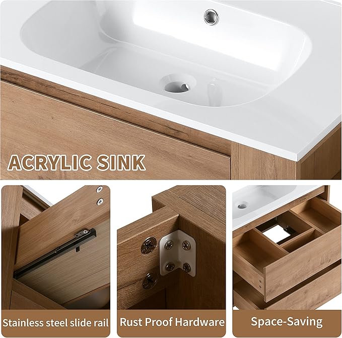 Goujxcy 30" Wall Mounted Bathroom Vanity with Sink, Modern Floating Bathroom Cabinet with White Gel Basin and Storage Drawer/Adjustable Side Shelf, Soft-Closing Door Wood Hanging Bath Room Cabinet