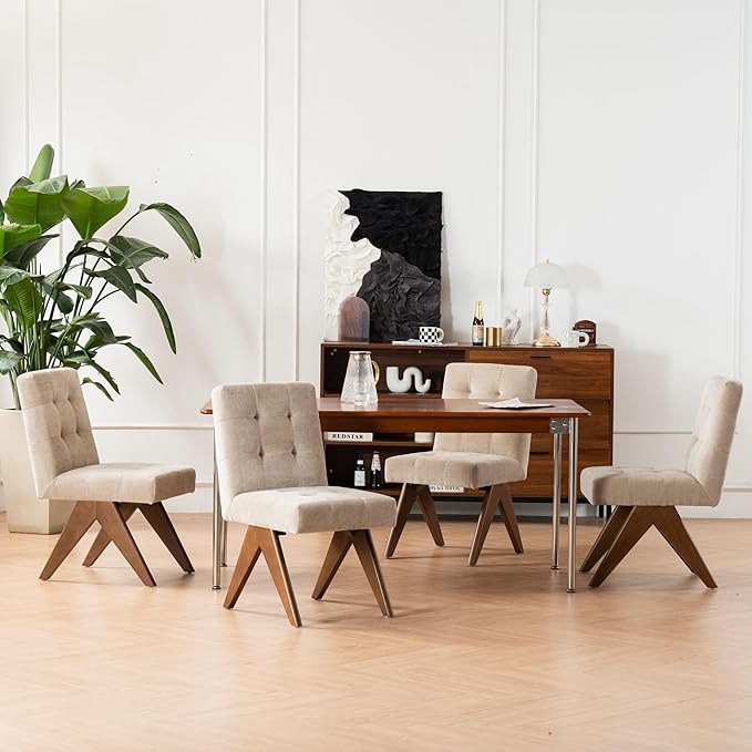 Rowill Modern Upholstered Dining Chairs Parsons Chair Linen Fabric Kitchen Chairs Tufted Armless Dining Room Chairs with Wood Legs Set of 4, Khaki