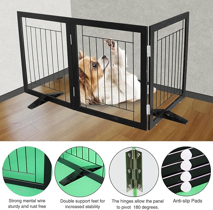ZJSF Freestanding Dog Gate Indoor, Foldable Dog Fence for Doorways,Hallways or Stairs, Sturdy Wood Extra Wide Pet Gate with Support Feet,Black,32 "Height-3 Panels