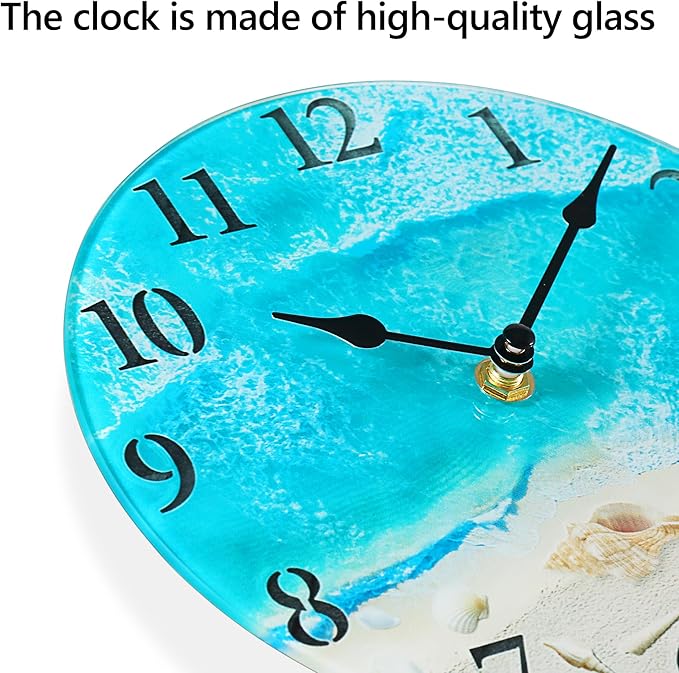 Coastal Nautical Glass Wall Clock with Seashell Design and Aesthetic Beach Theme - Battery Operated Silent Wall Decor for Home, Kitchen, Living Room, Office, Bedroom, or Bathroom (8 Inch,Light Blue)