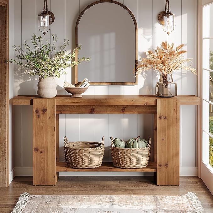 2-Tier Solid Wood Console Table, Farmhouse Entryway Table with Storage Shelves, 63-Inch Long Sofa Console for Living Room, Hallway, or Foyer(Brown)