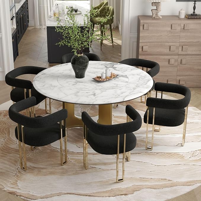 Set of 2 Modern Black Boucle Dining Chairs with Gold Metal Legs, Mid Century Accent Upholstered Barrel Armchairs with Open-Back for Kitchen, Dining Room, Living Room, Apartment