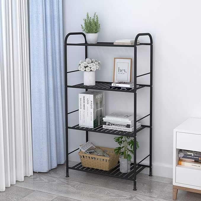 JSB 4-Tier Adjustable Shelving Unit, Heavy Duty Storage Rack Organizer Metal Corner Shelf for Kitchen Living Room Laundry Pantry Bathroom (Black, 4 Tier)…