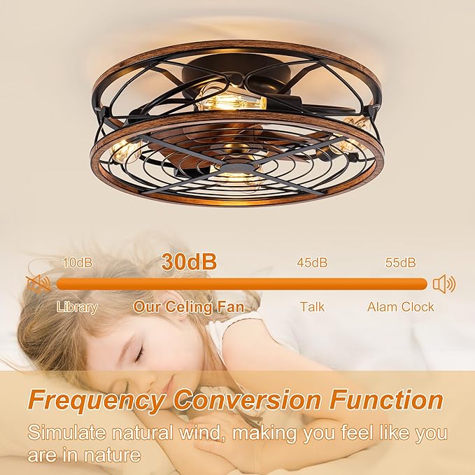 TIFEROR 20" Low Profile Caged Ceiling Fans with Lights and Remote, Farmhouse Flush Mount Ceiling Fan with 3 Speeds Reversible Motor, for Kitchen, Bedroom (Bulbs Included)