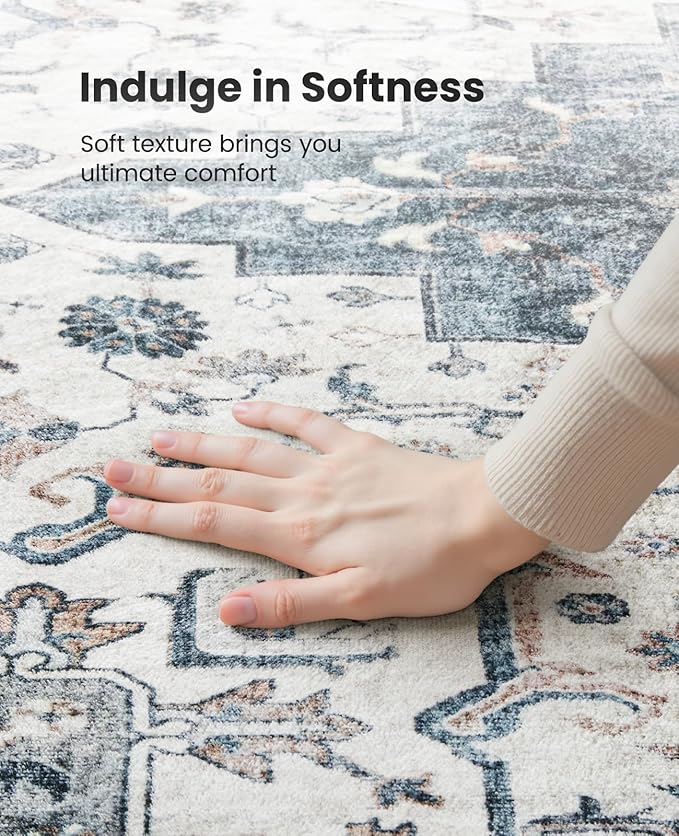 AMADA HOMEFURNISHING 5ft Round Area Rug, Low-Profile Washable 5x5 Rugs with Non-Slip Backing & Durable Edge Binding, Vintage Rug for Kitchen, Bedroom & Hallway, Blue