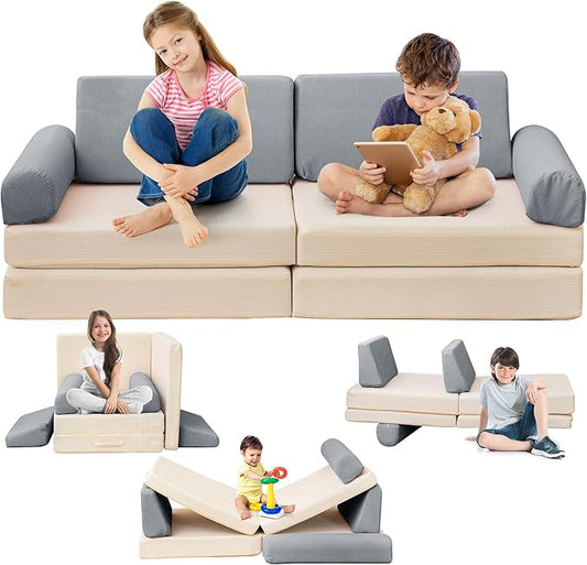 Modular Play Sofa, Instant Expansion, Corduroy Fabric, Grey and Beige