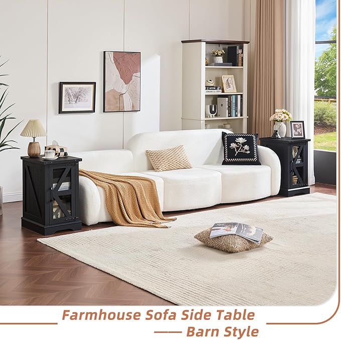 Farmhouse Coffee Table Sets 2 Pieces, Narrow Night Stand with Glass Barn Door Storage, Large Coffee Tables with Hidden Storage Organizer, Wood Furniture Sets for Living Room, Office, Black