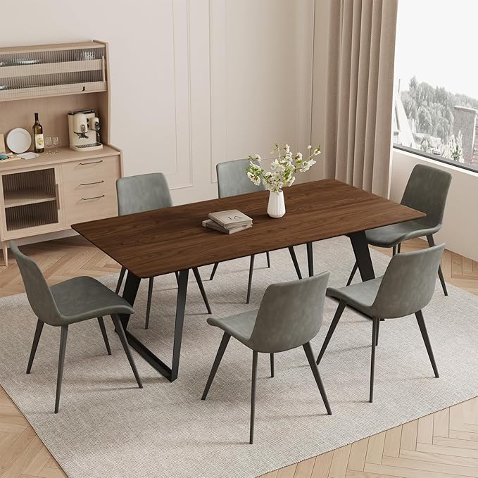 ZckyCine 63"-79" Extendable Dining Table Set for 6, Modern Walnut Color Table with 6 Brown Chairs, Retractable Wood Table and Chair Set for Kitchen and Dining Room