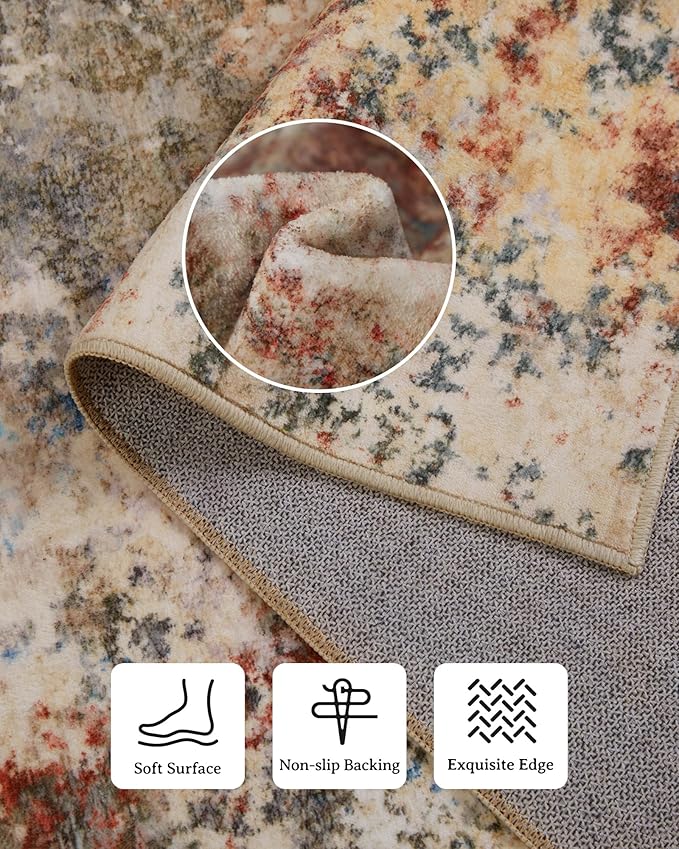 Washable Area Rug for Living Room: 6x9 Modern Abstract Neutral Soft Rug for Bedroom Dining Room No Slip Low Pile Carpet for Nursery Home Office - Red/Ivory