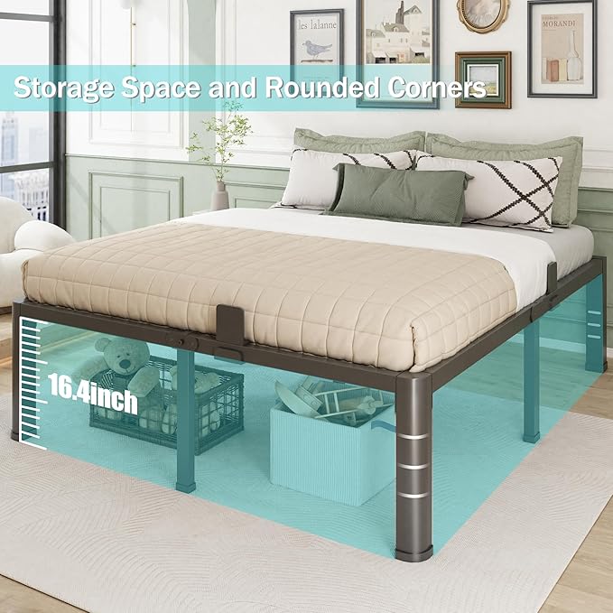 18 Inch California King Bed Frame with Rounded Corner and Headboard Hole Mattress Retainers 3500 lbs Heavy Duty Support Metal Platform Bed Frame Noise Free No Box Spring Needed Easy Assembly