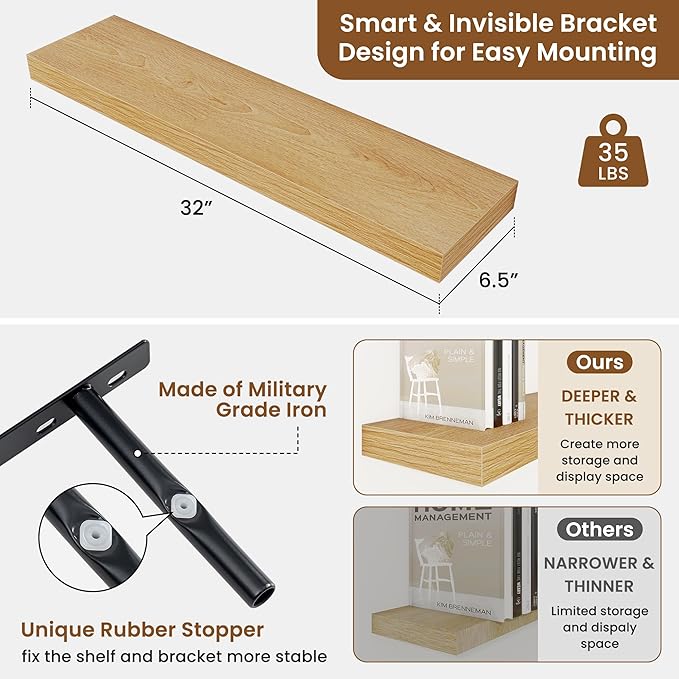 fuqing Floating Shelves for Wall, Wall Mounted Wood Floating Shelf with Invisible Brackets for Living Room, Bathroom, Bedroom, Kitchen Storage and Decor, 32 Inch Set of 2, Oak