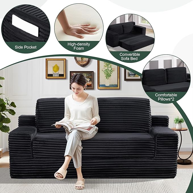 70" Cloud Loveseat Sofa Couch in a Box, 2 Seater Boneless Couch, Convertible Pull Out Sofa Bed with Pillows, No Assembly, Memory Foam, Modern Small Couches for Small Spaces (Black-Folding)