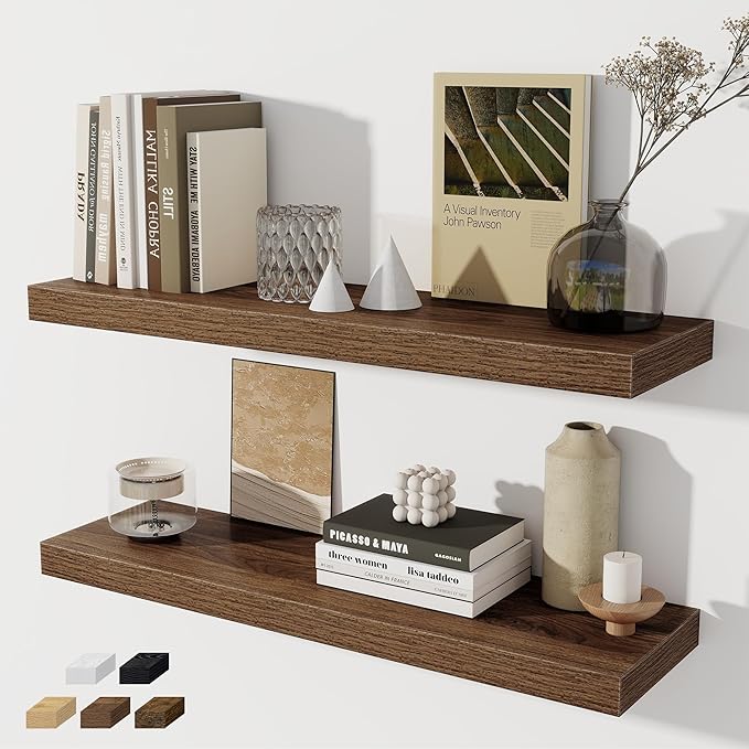 Fun Memories Floating Shelves - 2 Pack 30 Inch Long Rustic Wooden Wall Shelves - 8 Inch Deep Wall Mounted Storage Shelf with Invisible Heavy-Duty Brackets for Books, Bathroom, Kitchen - Walnut