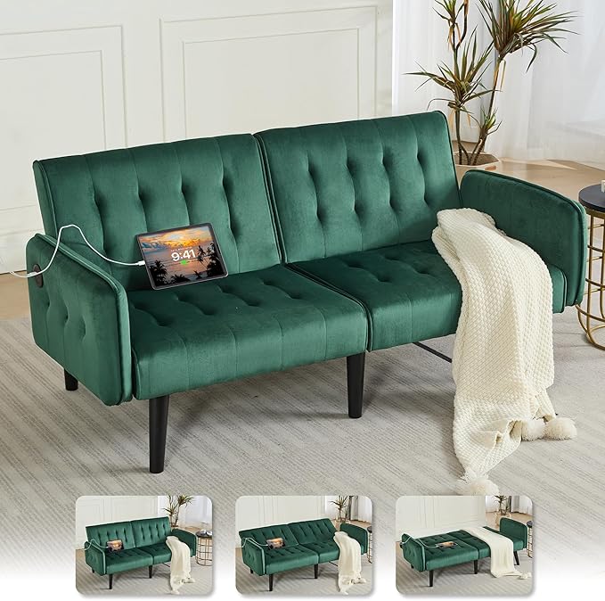 TYBOATLE 65" W Velvet Modern Convertible Folding Futon Couch Sofa Bed w/ 2 USB Charging Ports and arms, Loveseat for Living Room, Office, Apartment, Bedroom (Green)