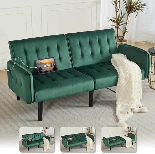 TYBOATLE 65" W Velvet Modern Convertible Folding Futon Couch Sofa Bed w/ 2 USB Charging Ports and arms, Loveseat for Living Room, Office, Apartment, Bedroom (Green)