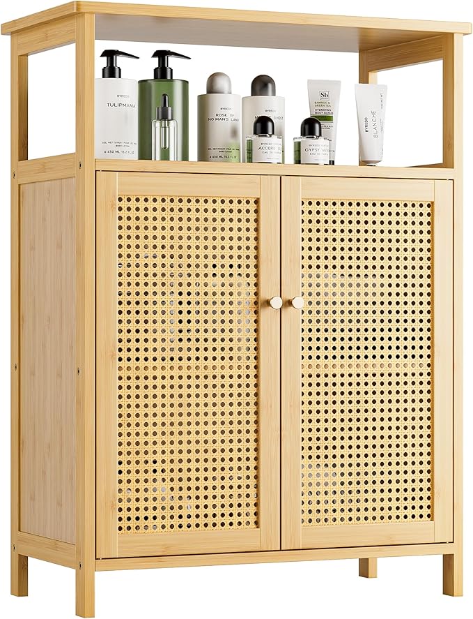 Bathroom Floor Stand Cabinet, Bamboo Storage Organizer Table with 2 Rattan Doors and 1 Shelf, Wooden Side Cupboard for Hallway, Laundry, Kitchen, Living Room (Natural)
