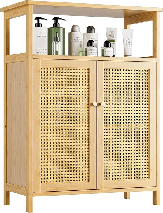 Bathroom Floor Stand Cabinet, Bamboo Storage Organizer Table with 2 Rattan Doors and 1 Shelf, Wooden Side Cupboard for Hallway, Laundry, Kitchen, Living Room (Natural)