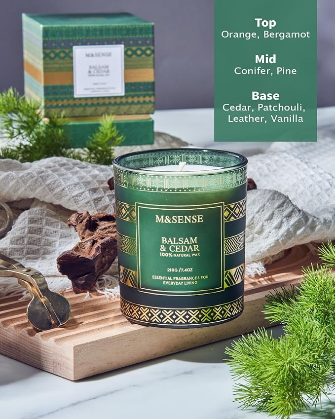 M&SENSE Christmas Candle, Balsam Cedarwood Scented Candles, Soy Candles for Home Scented, Luxury Holiday Candle Gift for Women & Men, 7.4 Oz 45 Hours Long Burning