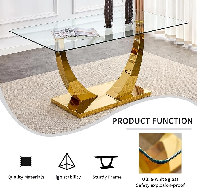 Modern Gold Dining Table for 6-8,Rectangular Glass Dinner Table with Tempered Glass Tabletop and Golden Plating Metal U-Shaped Pedestal for Kitchen Dining Room (Gold5)