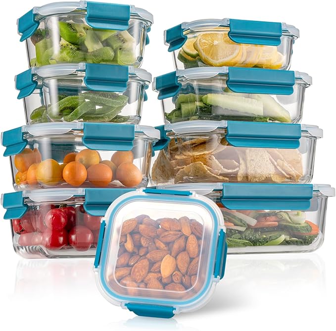 GENICOOK 9-Pack Glass Food Storage Containers with Airtight Lids-Glass Meal Prep Containers/Bento Box/Microwave Freezer Dishwasher Safe-Glass Lunch Box for Kitchen,Stackable,Large Capacity, BPA Free