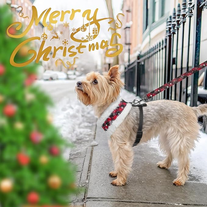 SCENEREAL Dog Christmas Harness Collar and Leash Set, Warm Fleece No Pull Puppy Vest Harnesses No Chock Adjustible Step in Small Pet Halter for Outdoor Walking Training, Black Red Plaid XS