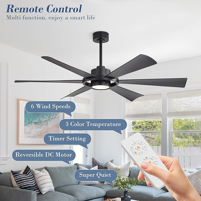 ELEHINSER 60" Ceiling Fan with Lights - 6 ABS Plastic Blades, 3 Downrods, 6-Speed Reversible DC Motor, 3CCT, Windmill Ceiling Fan for Kitchen Bedroom Living Room, Matte Black