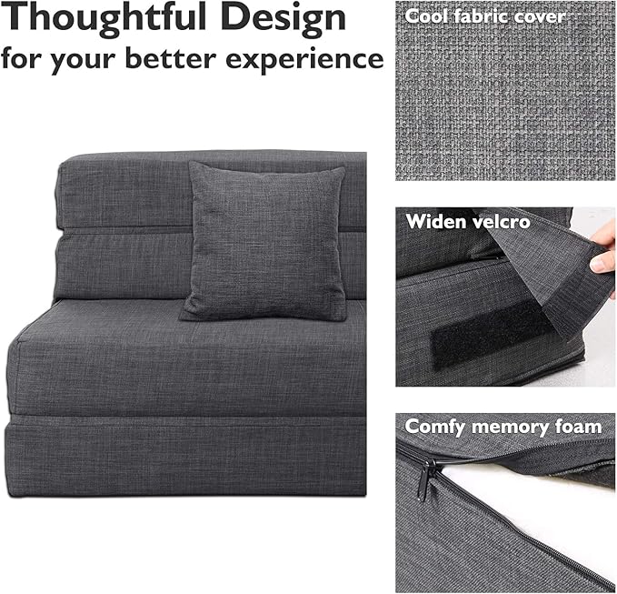 ANONER 60" Fold Sofa Bed Couch Memory Foam with 2 Pillows Futon Sleeper Chair Guest Bed and Fold Out Couch, Washable Cover Queen Size, Dark Gray