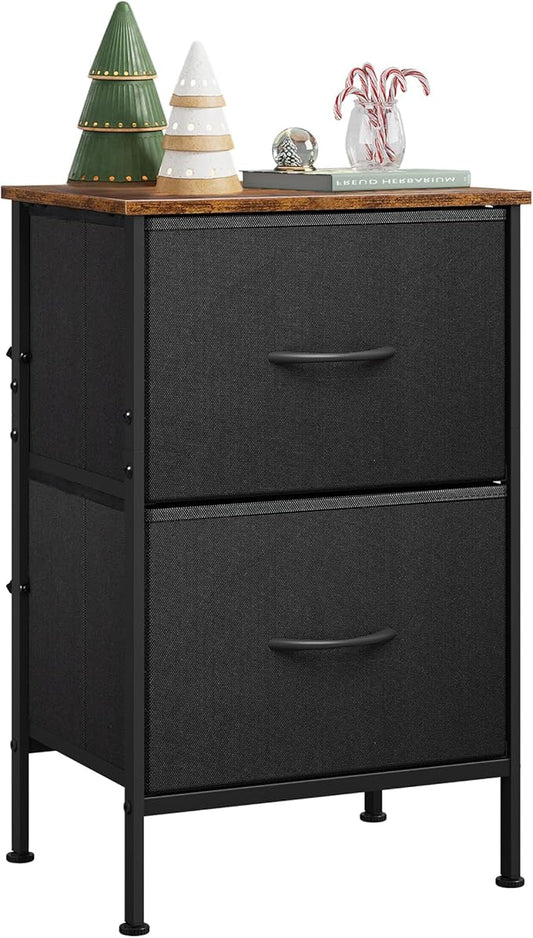 WLIVE Nightstand, Nightstand with 2 Drawers, Bedside Furniture, Night Stand, Small Dresser for Bedroom, College Dorm, End Table with Fabric Bins, Dormitory, Black and Rustic Brown, Size L