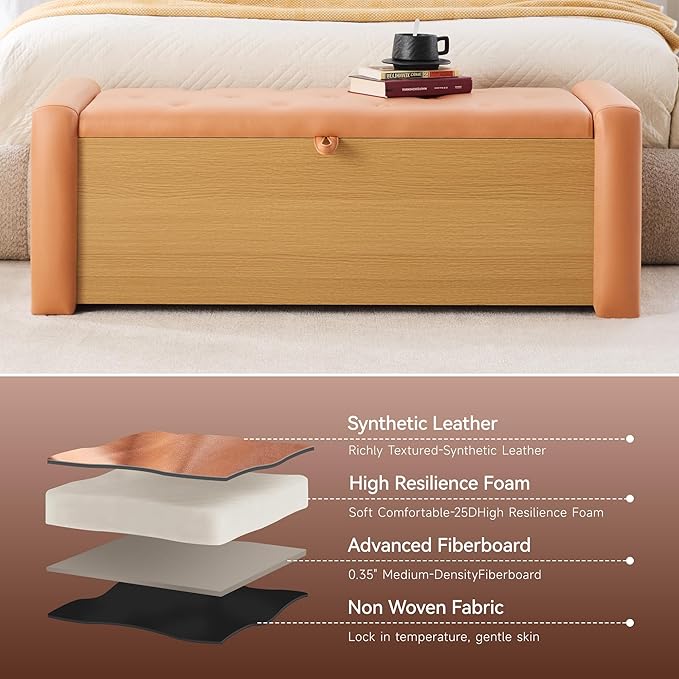 48" Large Storage Ottoman Bench, Faux Leather Upholstered Bed Bench with Button Tufted, End of Bed Ottoman with Safety Hinge for Bedroom, Living Room, Window，or Entryway, Orange Shoe Storage Chest