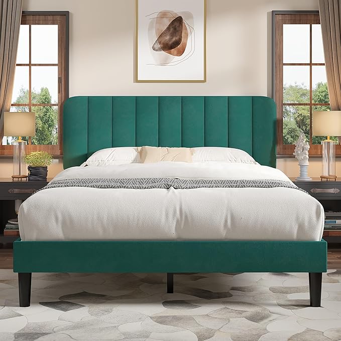 VECELO Queen Size Bed Frame with Upholstered Headboard, Velvet Platform Bedframe Mattress Foundation, Strong Wood Slat Support, No Box Spring Needed,Green