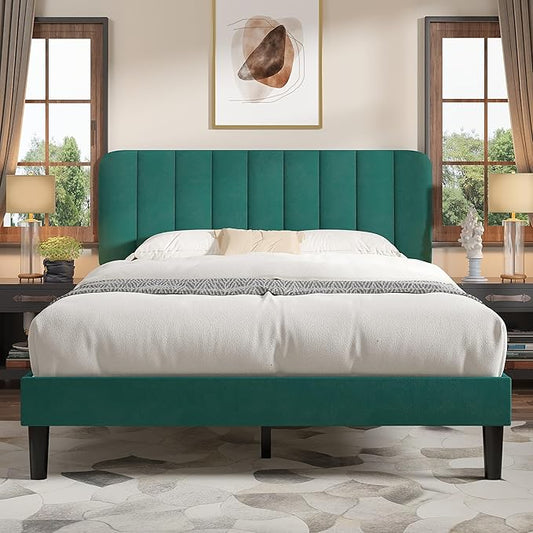 VECELO Queen Size Bed Frame with Upholstered Headboard, Velvet Platform Bedframe Mattress Foundation, Strong Wood Slat Support, No Box Spring Needed,Green