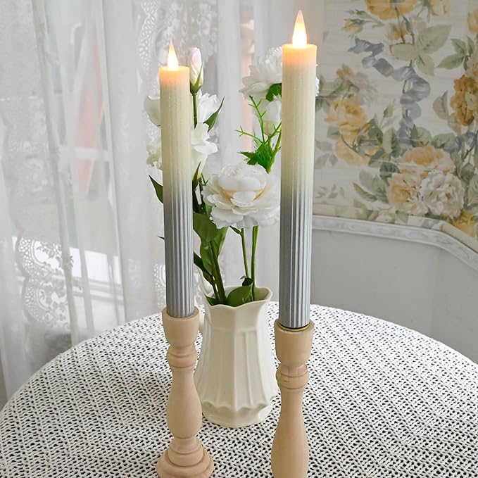 Flameless Taper Candles Flickering with Remote and Timer, 3D Moving Flame Taper Candle Battery Operated to 400 Hours, 9 Inch Window Candles, (Gradient Silver-Vertical Stripes)