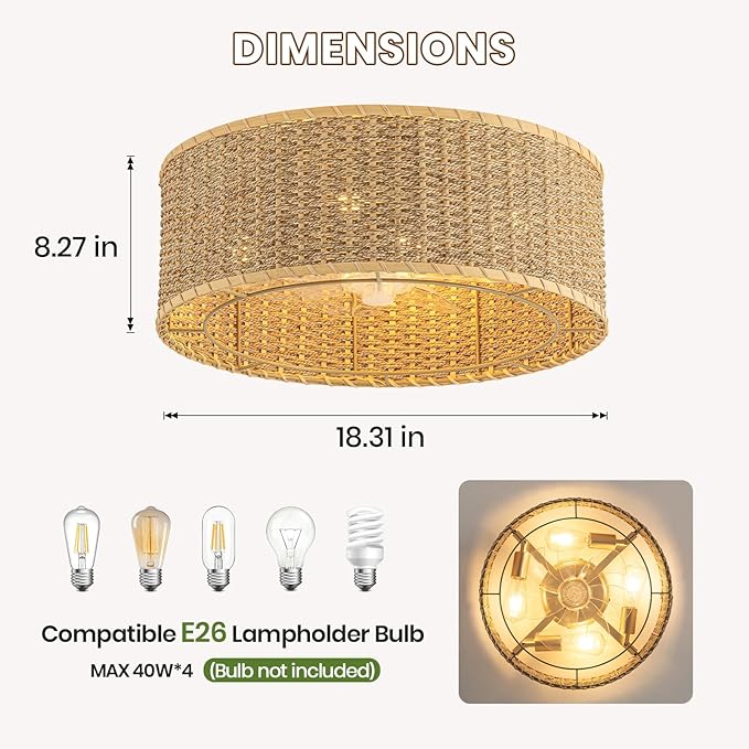 Boho Ceiling Fan with Light,Caged Ceiling Fan with Remote Control Reverible Blades,Low Profile 6 Speeds,Farmhouse Rattan Fandelier Chandelier Ceiling Fans for bedroom,dining room,kitchen ,living room