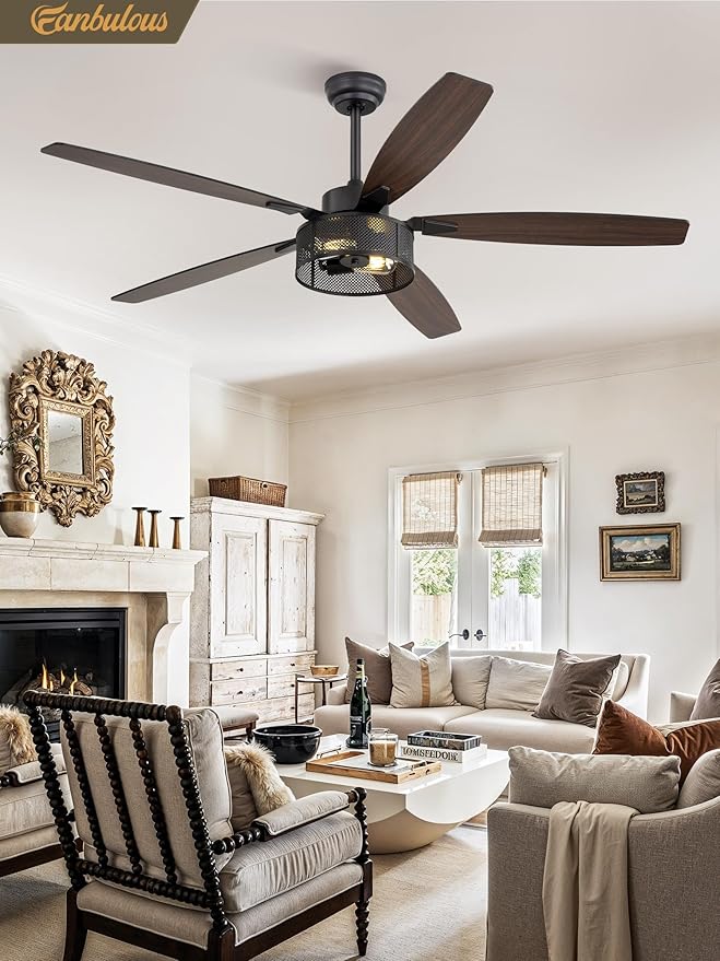 Farmhouse Ceiling Fans with Lights and Remote, 60 Inch Industrial Black Caged Ceiling Fans for Living Room Bedroom Kitchen, 6 Speed Reversible Quiet DC Motor, Dual Finish 5 Blades