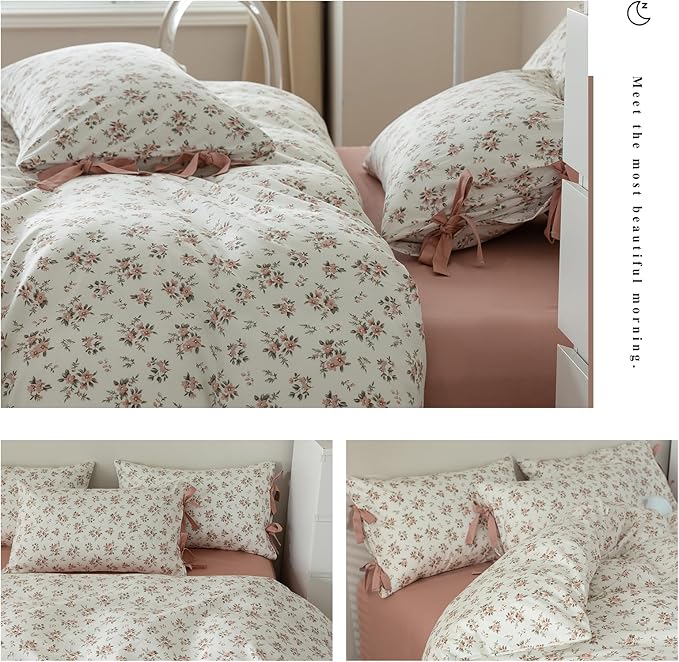 LifeTB Pink Floral Duvet Cover Queen 100% Cotton Flower Duvet Cover Girls Cottagecore Bedding Set Vintage Garden Style Aesthetic Bedding Floral Comforter Cover Botanical Bedding Cover Queen Size