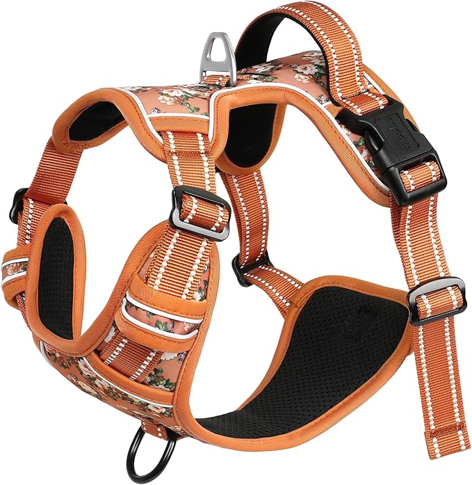 HEELE Dog Harness, No Pull Adjustable Padded Reflective Harness for Small Medium Large Dogs with Handle for Walking Training, Flower-Orange,S