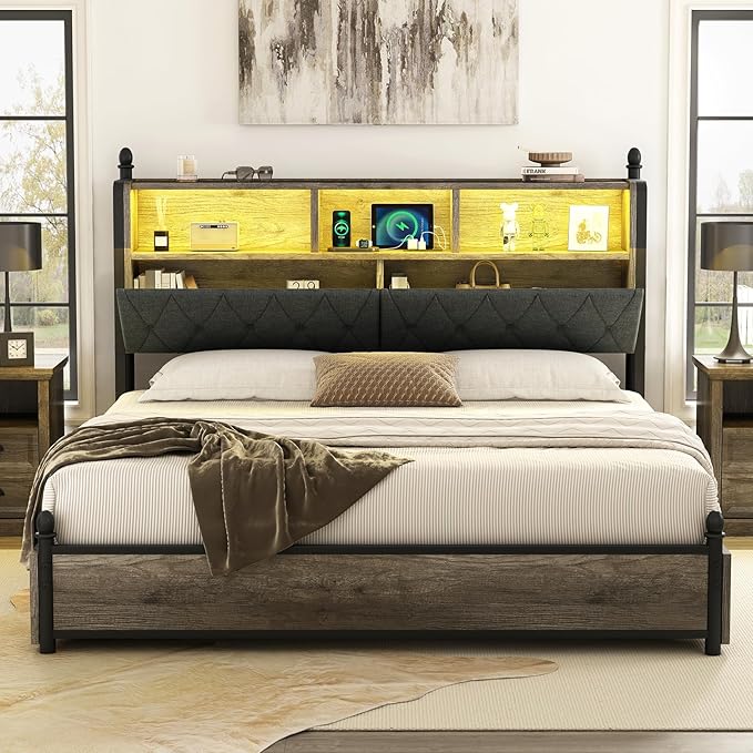 AMERLIFE Queen Bed Frame with Bookcase Headboard and 4 Storage Drawers, Wooden Platform Bed with Charging Station and LED Light, Noise-Free/No Box Spring Needed, Gray