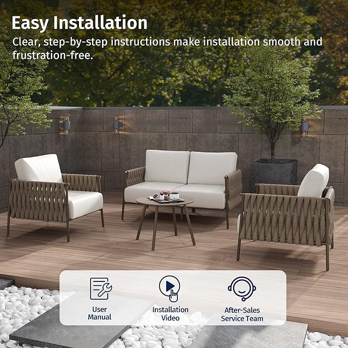 East Oak 4-Piece Patio Furniture Set | Life Chatter Outdoor Furniture | Coffee Table & Deep Seating Conversation Set with Thick Cushions | Porch, Balcony & Backyard | Chestnut & Apricot