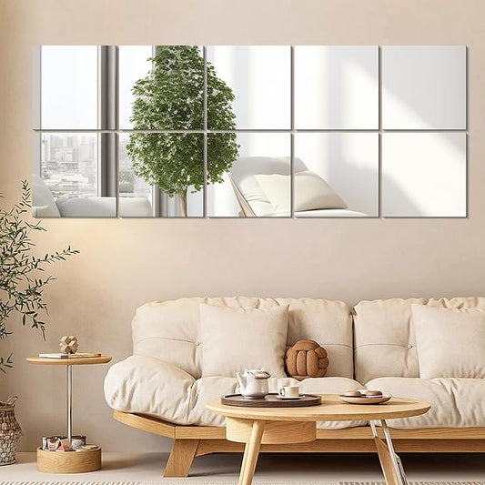 Vlush Adhesive Mirror Tiles 12'' x 12'' x 10PCS Home Gym Decor Full Body & Full Length Mirrors Wall Mounted Mirrors Decorative for Home Gym, Door, Bedroom & Bathroom