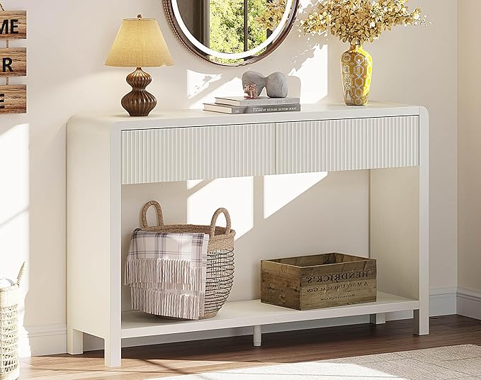 FATORRI Entryway Console Table with 2 Drawers, Modern Sofa Table for Living Room, Couch Tables Behind Sofa and Hallway Tables with Storage (47.2 inch, Antique White)