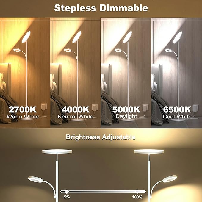 White Floor Lamps for Living Room Bedroom, 42W/4300LM Super Bright LED Floor Lamp with Remote and Touch Control, Stepless Dimmable, 69" Tall Standing Lamp with Gooseneck Reading Light for Office