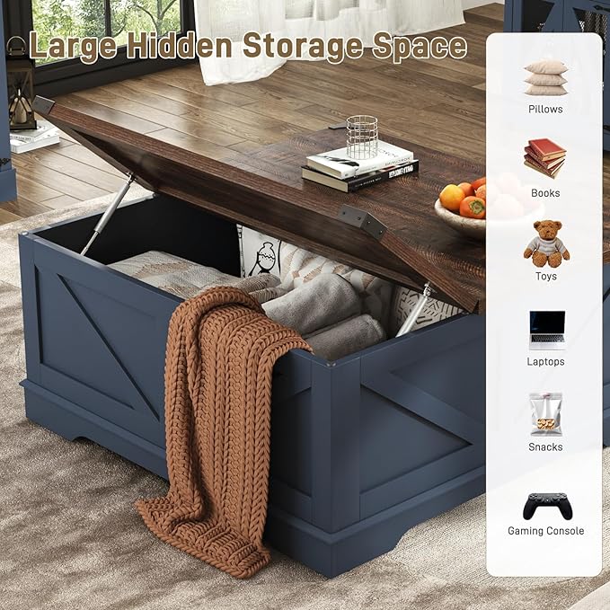 40” Large Farmhouse Lift Top Coffee Table with Power Outlets and Large Hidden Storage, Square Wood Living Room Tables, Multi-Function Lift Wooden Barn Door Center Table, Blue
