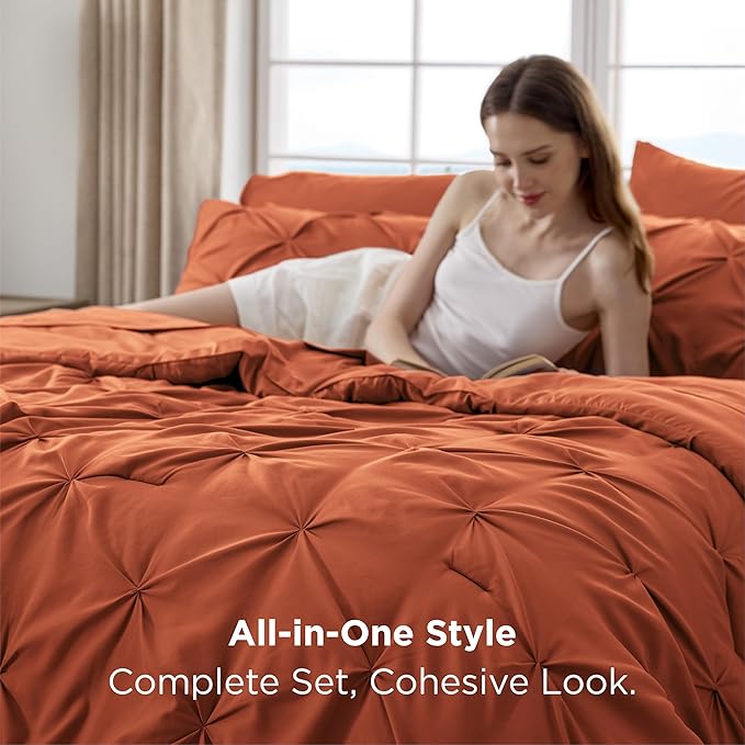 Bedsure Queen Comforter Set Burnt Orange - Bed in a Bag Queen Size Bedding 7 Pieces, GentleSoft™ Pintuck Bed Set Gift for Family, Pinch Pleat Burnt Orange Comforter with Sheets, Pillowcases & Shams